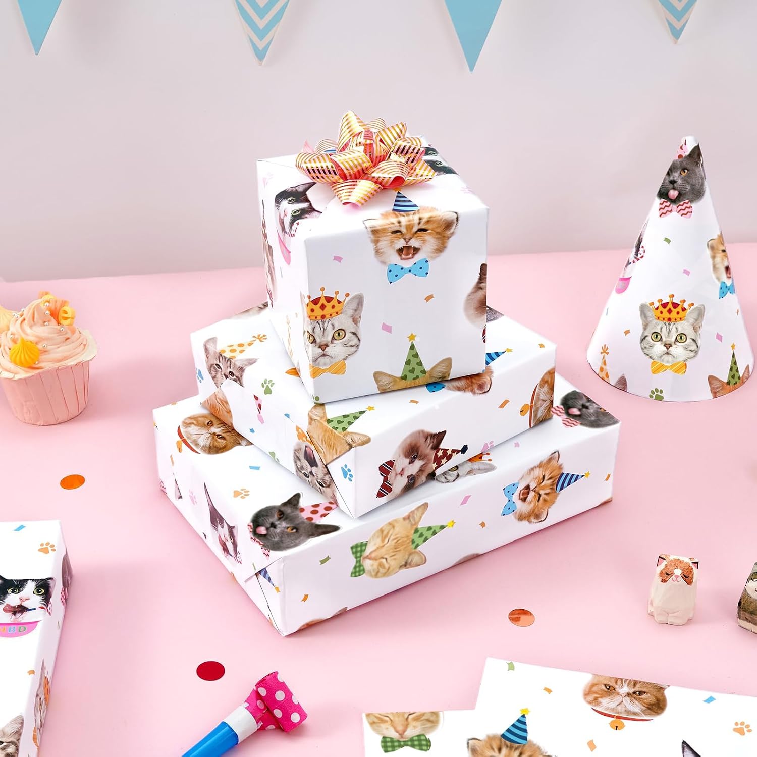 WERNNSAI Cat Birthday Wrapping Paper - 6 Sheets 19.7” x 27.5” White Cat Gift Wrapping Paper for Kids Birthday Party Gift Packing Supply Funny Cute Theme Decor Favor