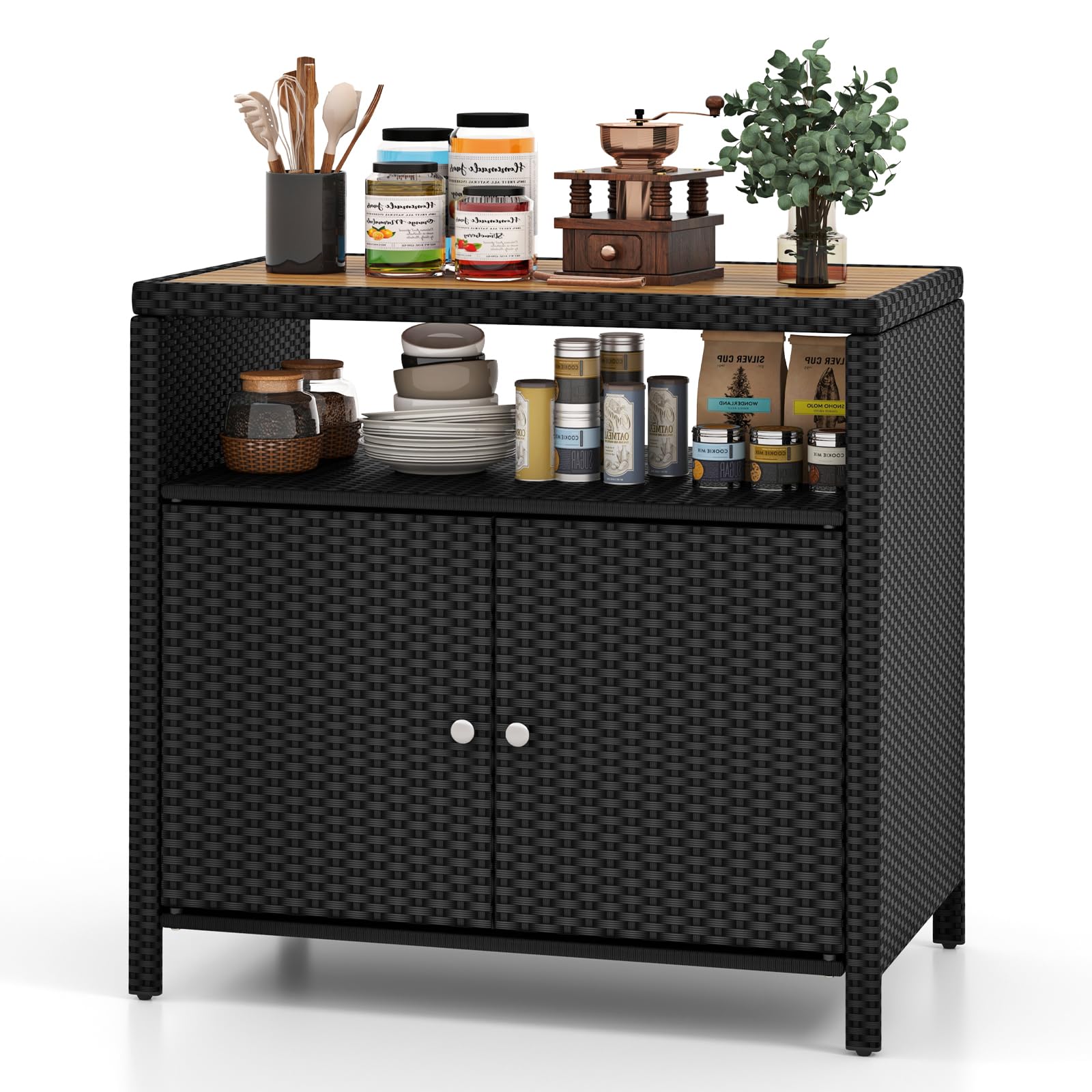 KOMFOTTEU Gartenschrank aus Rattan, Aufbewahrungsschrank Sideboard mit Arbeitsplatte aus Akazienholz, Garten Schuppen mit Doppeltüren, Rattanschrank 90 x 53 x 86 cm (Schwarz)