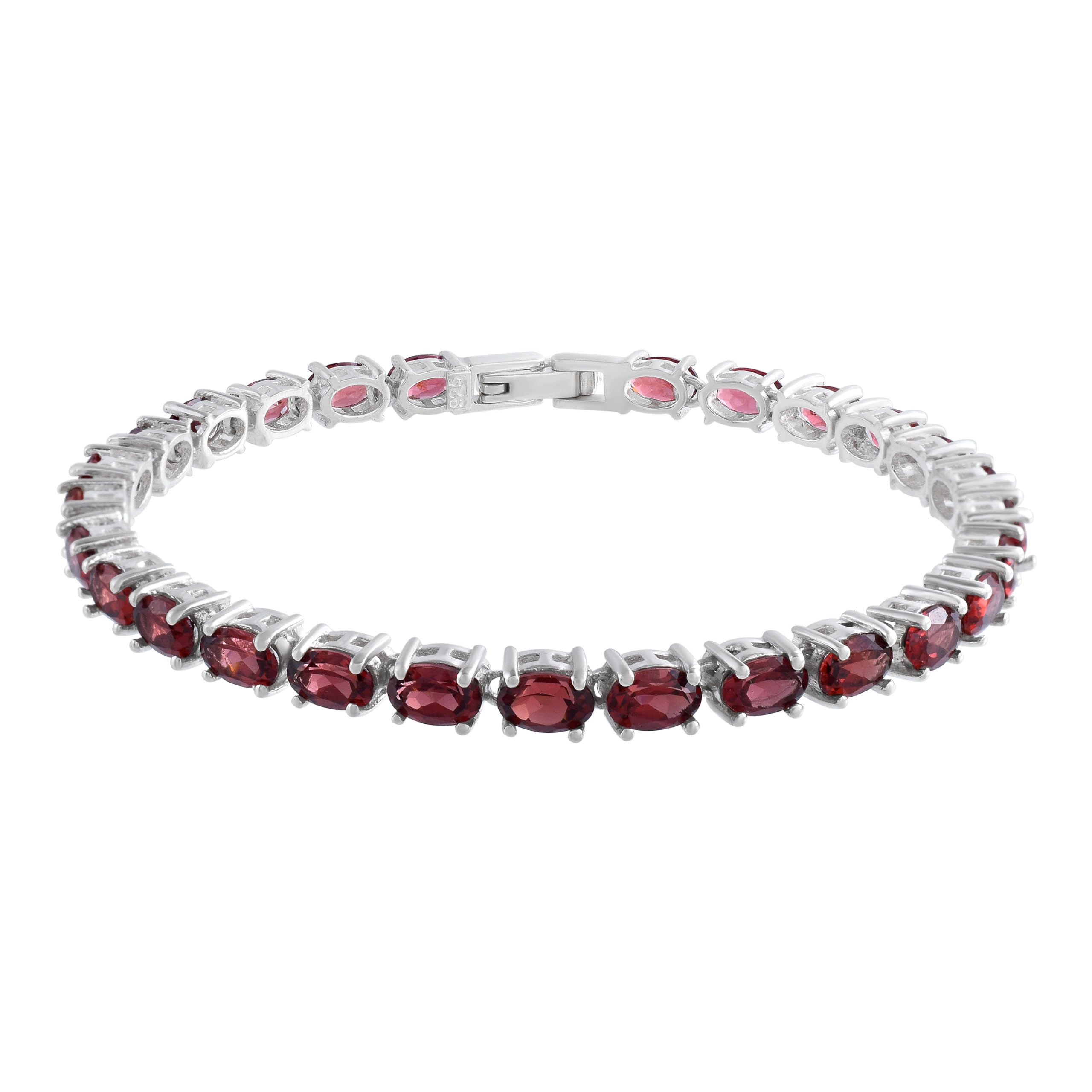 Pulsera de tenis de granate rojo de 6 x 4 mm, piedras preciosas facetadas ovaladas en metal chapado en rodio blanco, juego de garras, pulsera clásica de piedras preciosas rojas