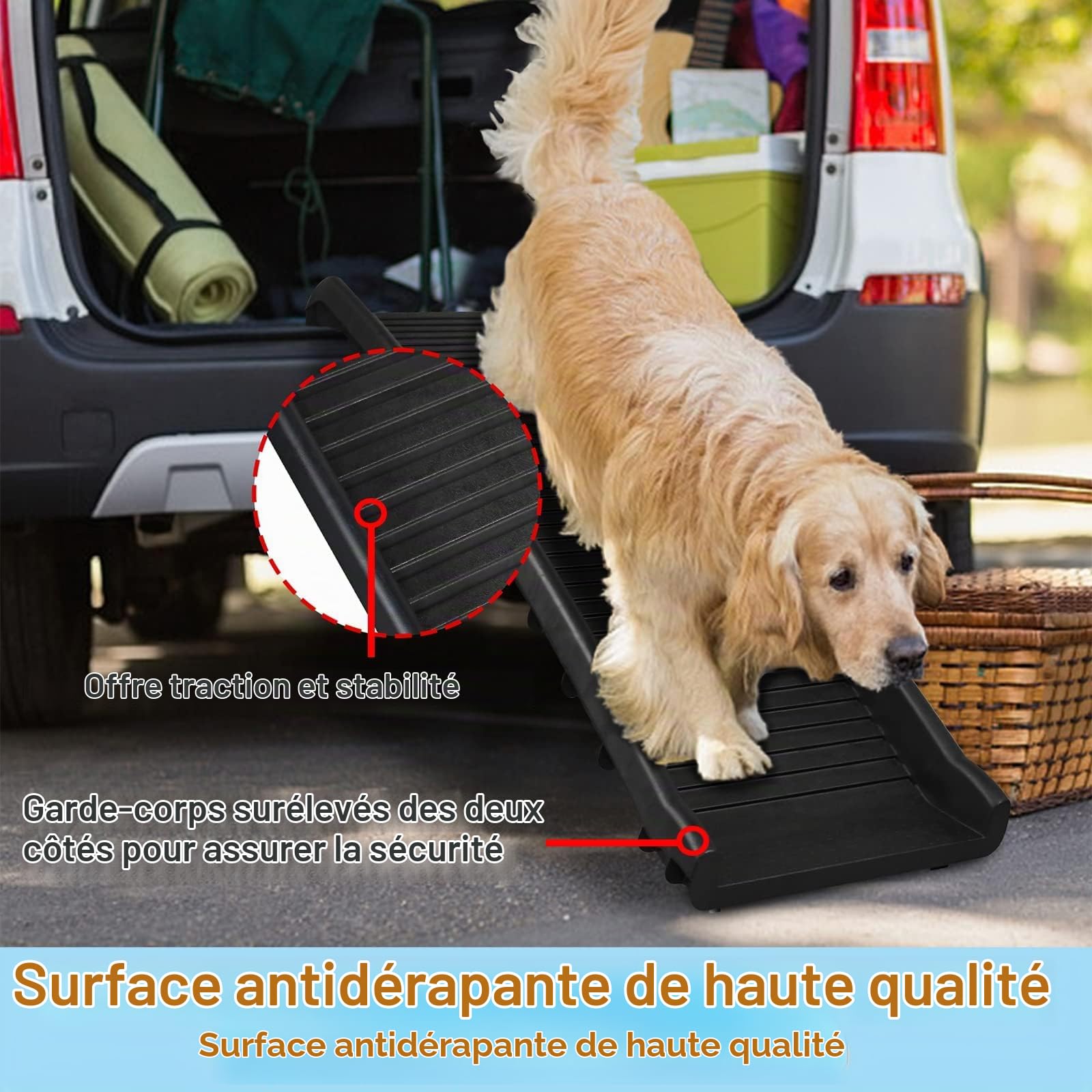 Rampe de voiture pliable pour chien - Antidérapante - Jusqu'à 90 kg - Pour grands et petits animaux - 156 x 40 cm - Noir