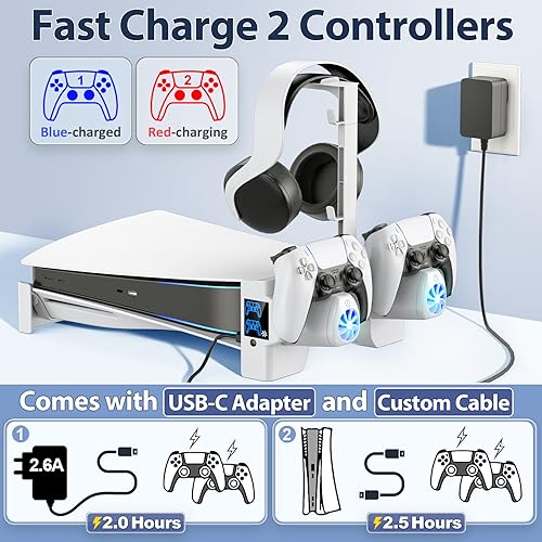 Miniatura 3 de Kytok Soporte horizontal para PS5 con adaptador de CA ventiladores de refrigeración PS5 de 3 niveles y estación de carga de controlador PS5 para
