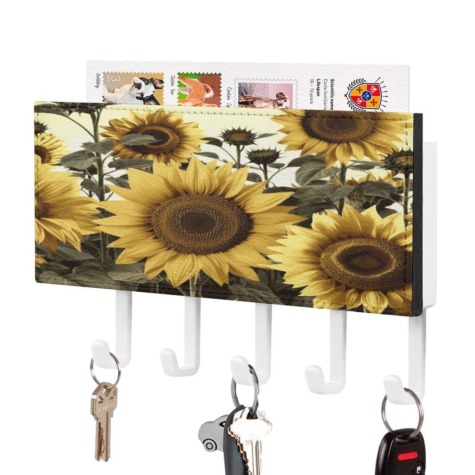 LDGSUPH Yellow Sunflower Floral Key Holder Wall Mount Key Hanger with 5 Hooks Fashion Key Organizer Rack Hanging Key Hooks with Mail Organizer Key Rack for Home Entryway Hallway White-Style