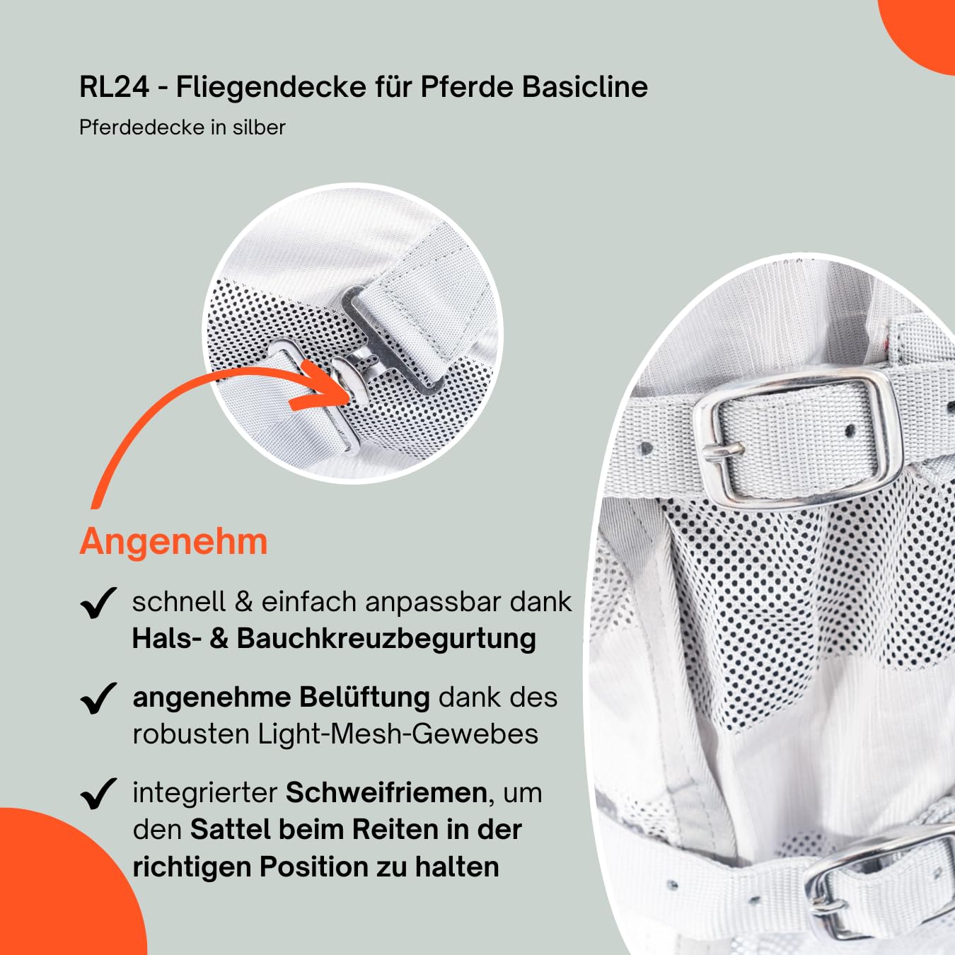 RL24 - Fliegendecke für Pferde Basicline | effektiver Schutz vor Insekten | Ekzemerdecke mit Verstellbarer Kreuzbegurtung | atmungsaktiv & strapazierfähig | Pferdedecke in Silber | 135cm