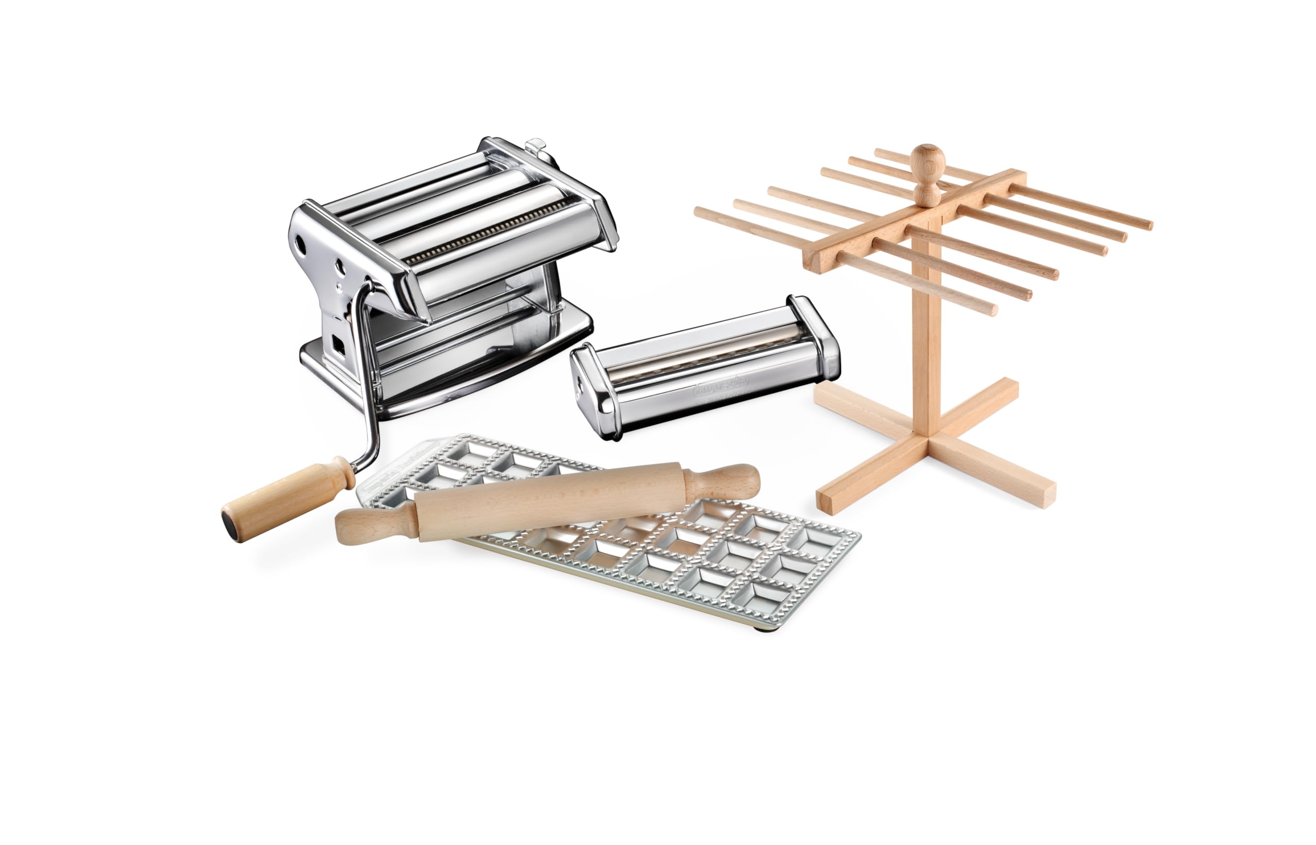 Imperia La Tua Pasta Titania. Nudelmaschinen-Geschenkset mit Zubehör. 100% Made in Italy. Set bestehend aus frischer Nudelmaschine, Ravioliform, Nudelschneider, Nudelverteiler und Nudelholz.