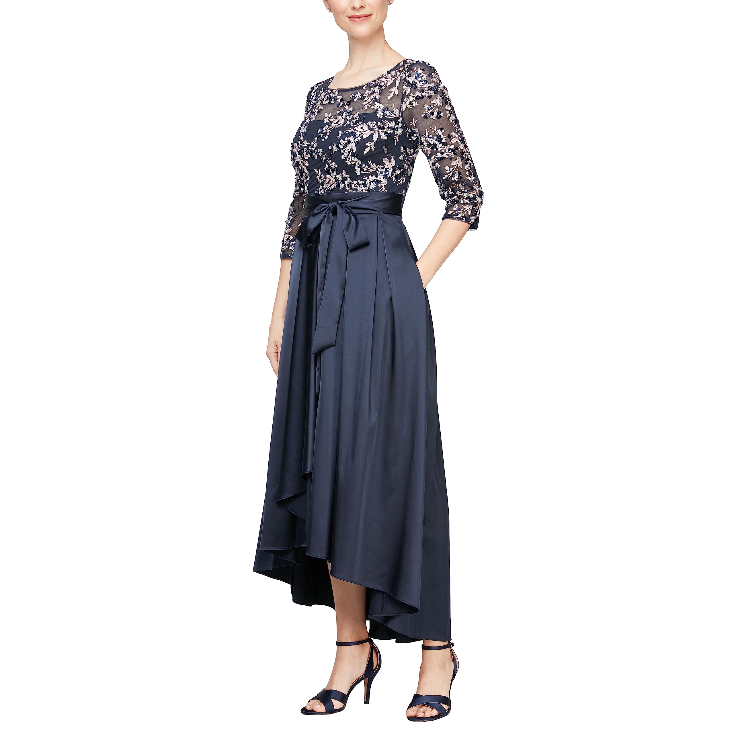 Alex Evenings Women's Satin Ballgown Formal Event Dress with Pockets and Tie Belt (Petite and Regular Sizes)