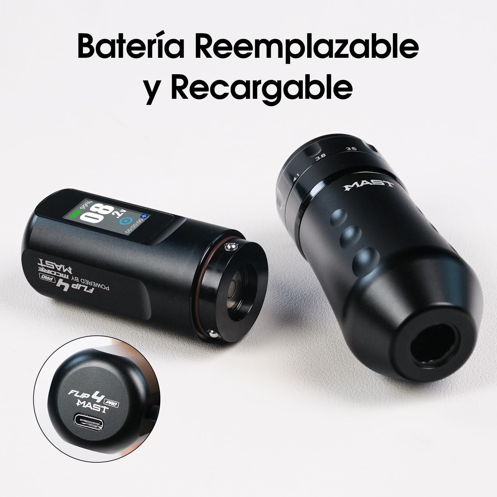 Mast Tattoo Flip4 Pro Máquina de Tatuar Inalámbrico - 7 Carreras (2.5-4.5mm) - 2 Pieza Batería 2000mAh - Para Principiantes y Profesionales Negro