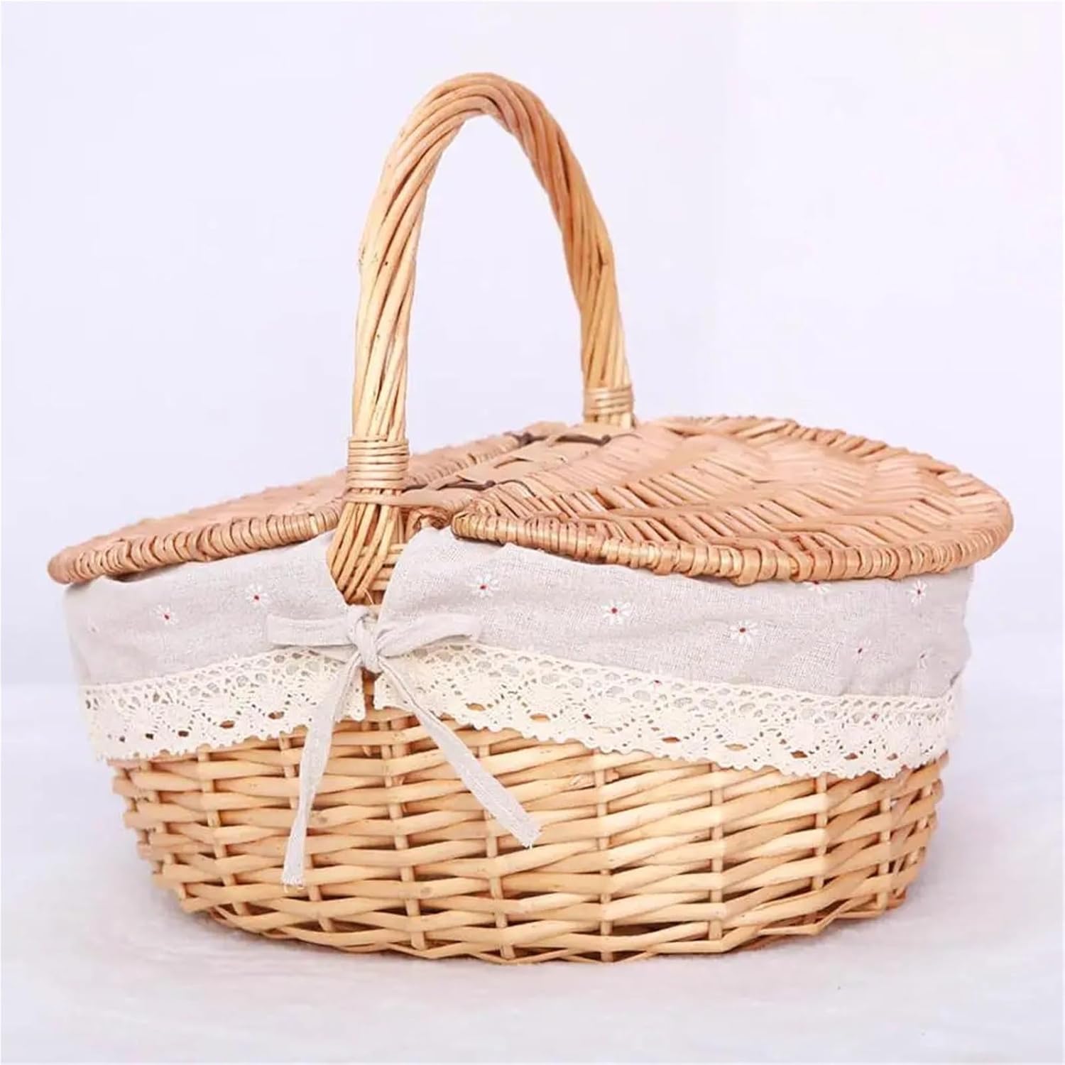 Handmade Wicker Picnic Basket with Lid & Handle, Multi-Purpose Storage Tray for Desktop Decor & Organizing(A)