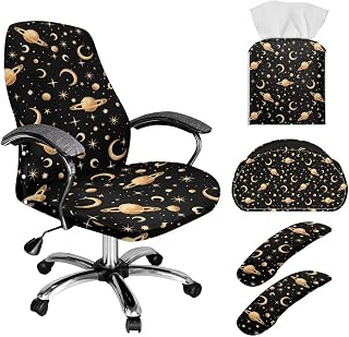 Xoenoiee Planets Crescent Moon Stars Office Chair Cover with Armrest Covers Leather Tissue Box Holder Remote Control Holder 5Pcs Set Soft Non-Slip Rotating Chair Slipcovers Set, Small