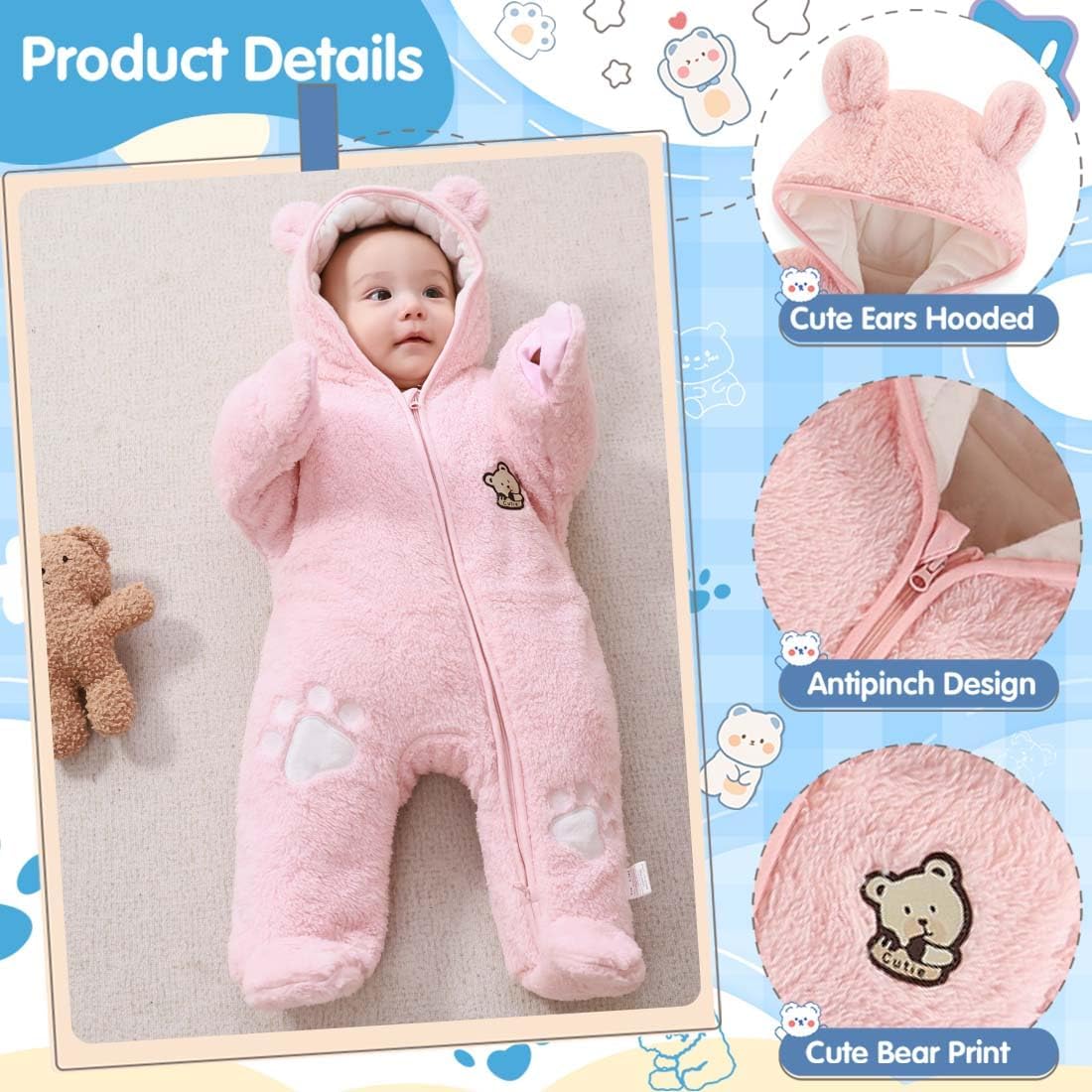 Fairy Baby Newborn Baby Snowsuit Bear Outfit Footie Romper Winter Thick Fleece Jumpsuit Infant Coat for Girls Boys 0-12M - Image 2