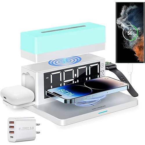 Wireless Charger,6 in 1 Wireless Charging Station with Digital Alarm Clock & Night Light,15W Fast Charger Compatible with iPhone 14/13/12/11/XS Samsung Galaxy AirPods & Apple Watch