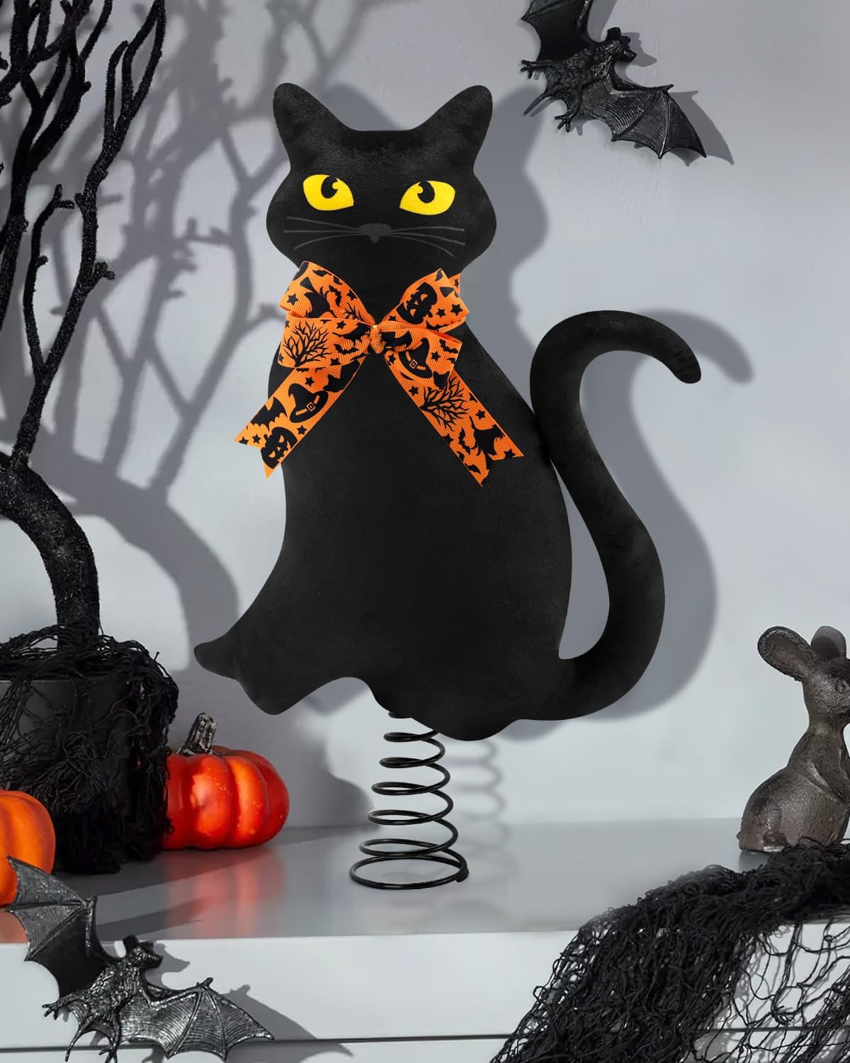 Black Cats Halloween Christmas Tree Topper with Stand and Changeable Bows Xmas Tree Ornament Winter Holidays Home Decorations Cat Lovers Gift Ideas