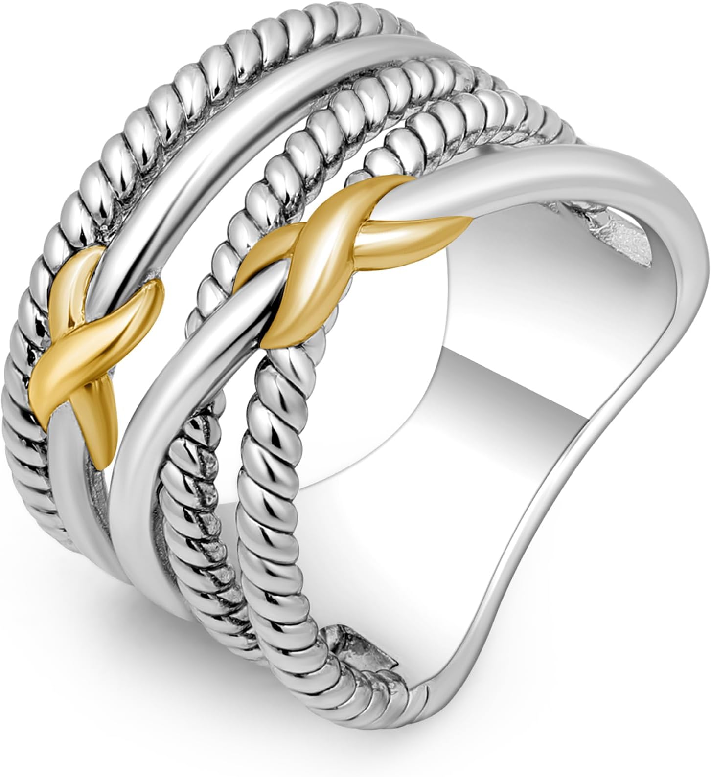 Mytys Gold and Silver Statement Rings for Women - Cable Wire Intertwined Design Two Tone Rings - Vintage Silver Vintage Rings Cocktail Jewelry