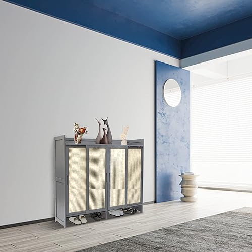 Miniatura 8 de Estante para zapatos, zapatero independiente de bambú, armario de zapatos con puerta corredera ventilada de dos vías, armario de zapatos con puertas