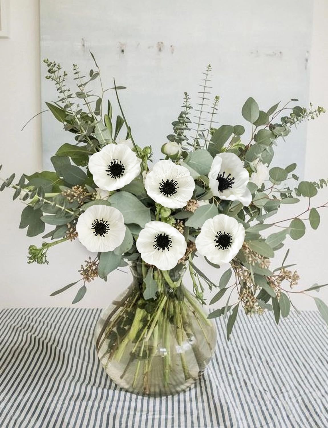 Artificial White Flower, 12 PCS Black and White Flowers, 11 Inch Silk Anemone Flower, Stems PU Real Touch Fake Flowers in White with Black Center for Wedding Memorial Day Centerpiece Home Kitchen - Image 5