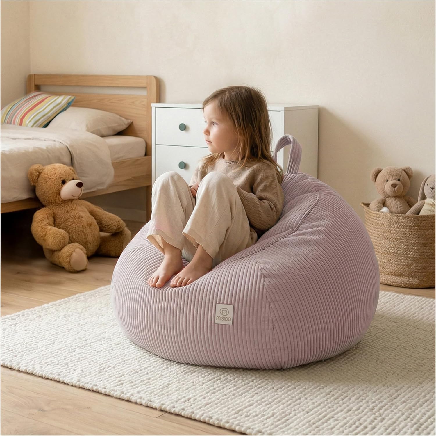 MISIOO Fodera per pouf per bambini per animali di peluche – Contenitore per giocattoli & Bean Bag in un unico – Tessuto a corda, lavabile, con chiusura lampo – Organizzatore per la cameretta dei
