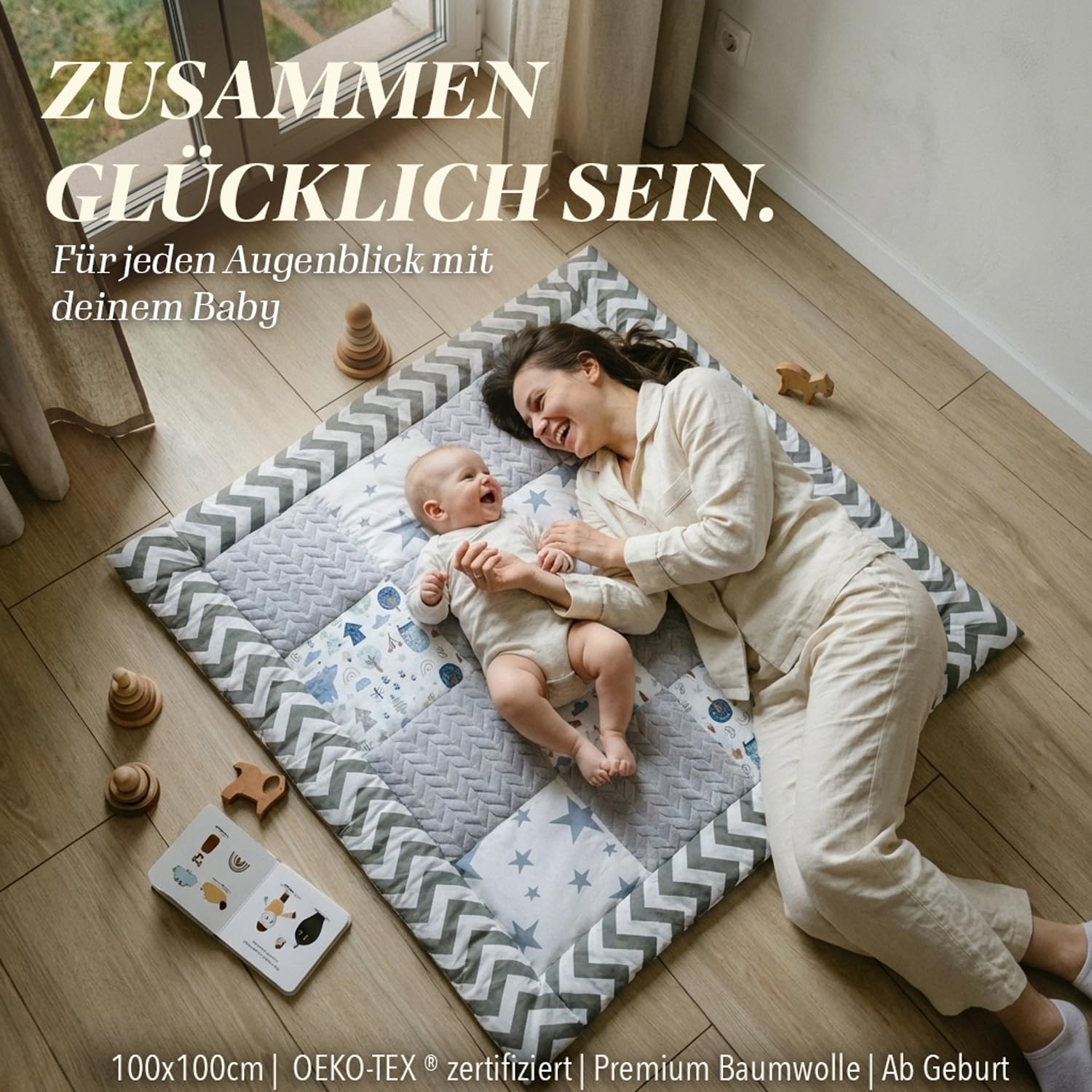 DANKA® Extra dicke Krabbeldecke 100x100 cm – 100% Baumwolle – weich & sicher auf harten Böden – faltbare Baby Spieldecke für Zuhause & unterwegs (Zickzack)