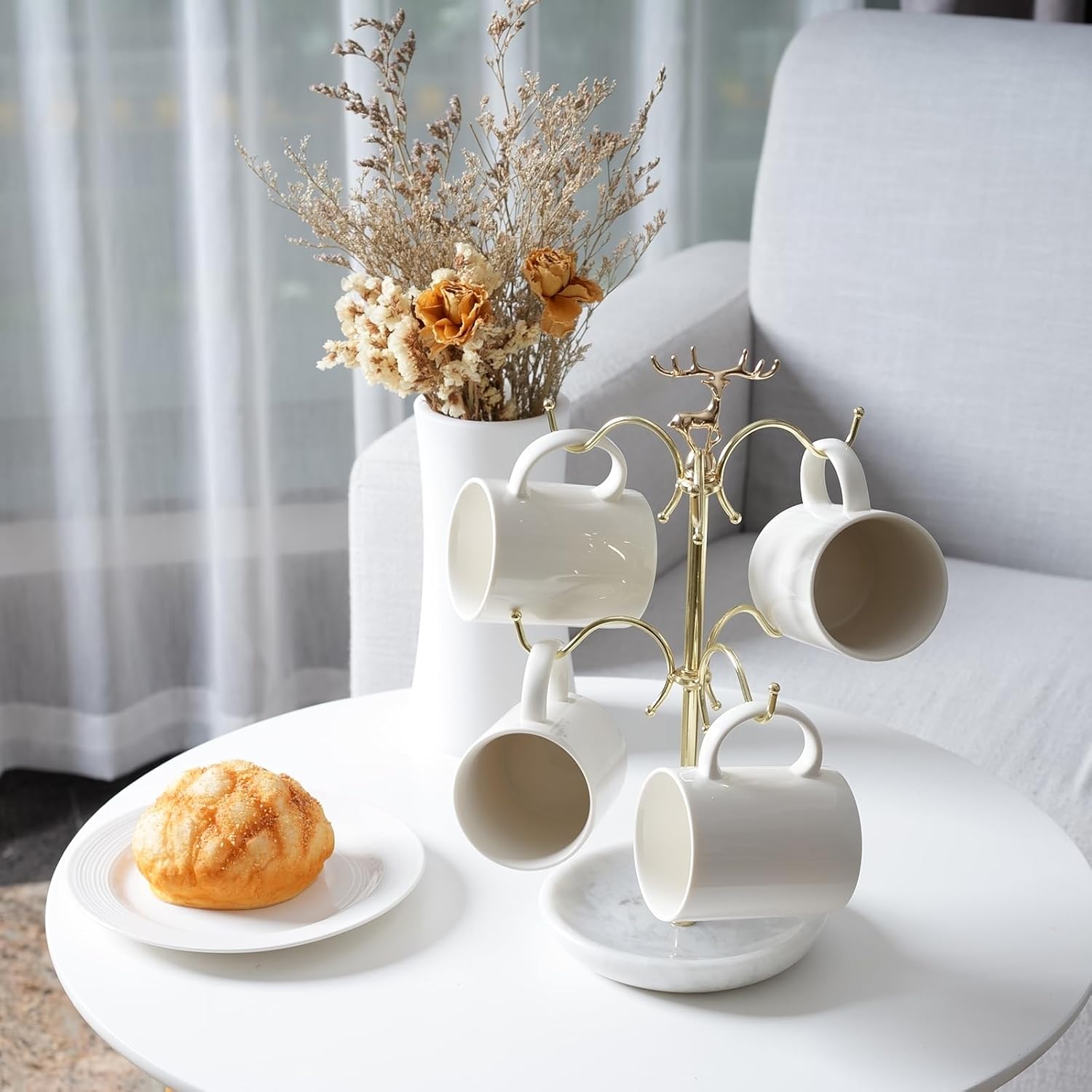 BCS Mug Holder with Marble Base - 6 Hooks Mug Rack Coffee Cup Storage Tree Jewelry Display Stand Holder for Countertop