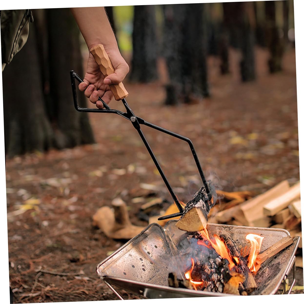 Heavy-duty Metal Charcoal Clamp with Beech Wood Handle Fireplace Tongs for Outdoor Fire Pit Tools Versatile and Wood Grabber for Camping Bbq Picnic and Firewood Handling