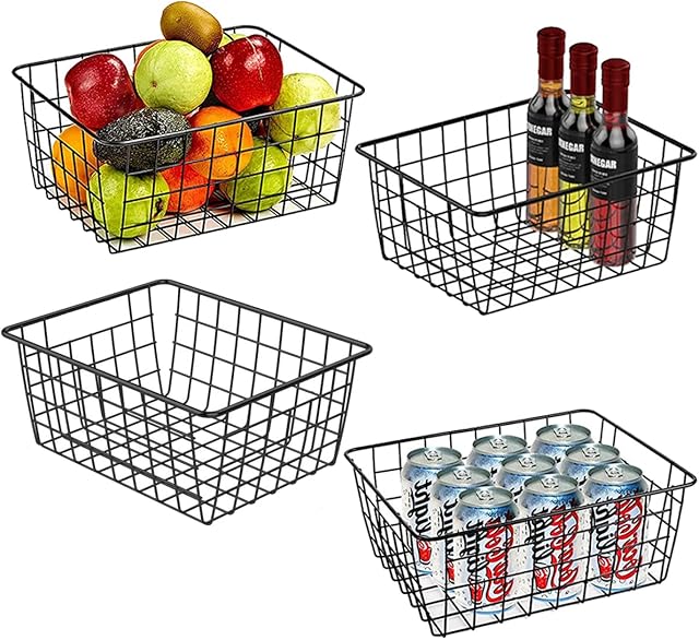 AYSUM 4PCS Wire Storage Baskets,Metal Basket for Pantry Organizer Storage, Wire Basket Suitable for Home,Office,Kitchen - Black 4pack