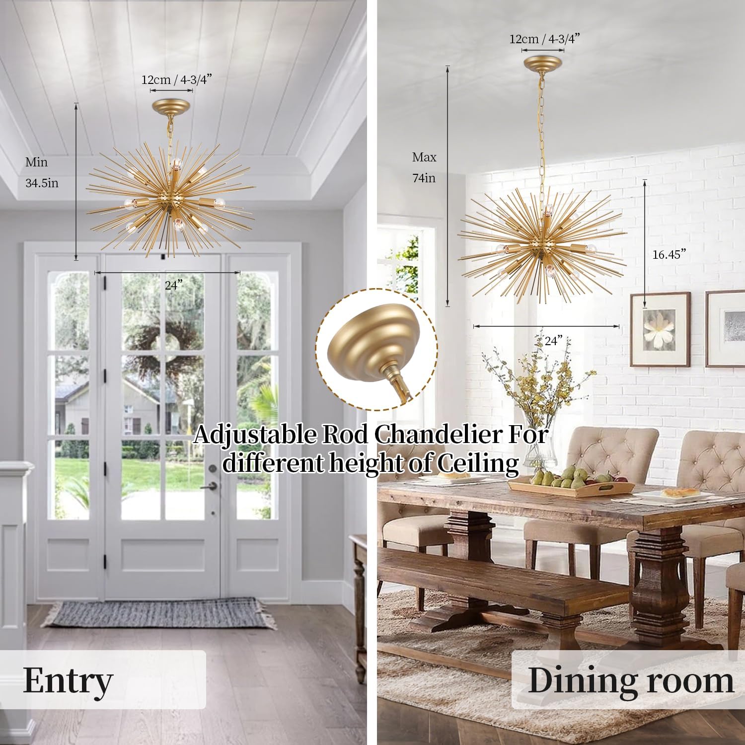 24" Gold Sputnik Chandelier Modern 9-Lights Mid Century Starburst Chandeliers Light Fixture Golden Firework Satellite Chandelier for Dining Room, Kitchen,Bedroom,Living Room,Entryway, E12