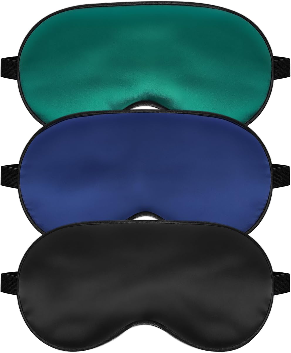 Silk Sleep Mask, Blackout Sleeping Eye Mask with Adjustable Strap 3 Pack | Soft Blindfold for Men & Women Side Sleeper, Pressure-Free Eye Cover, Eyeshade for Travel Nap Gift (Black,Blue,Green)