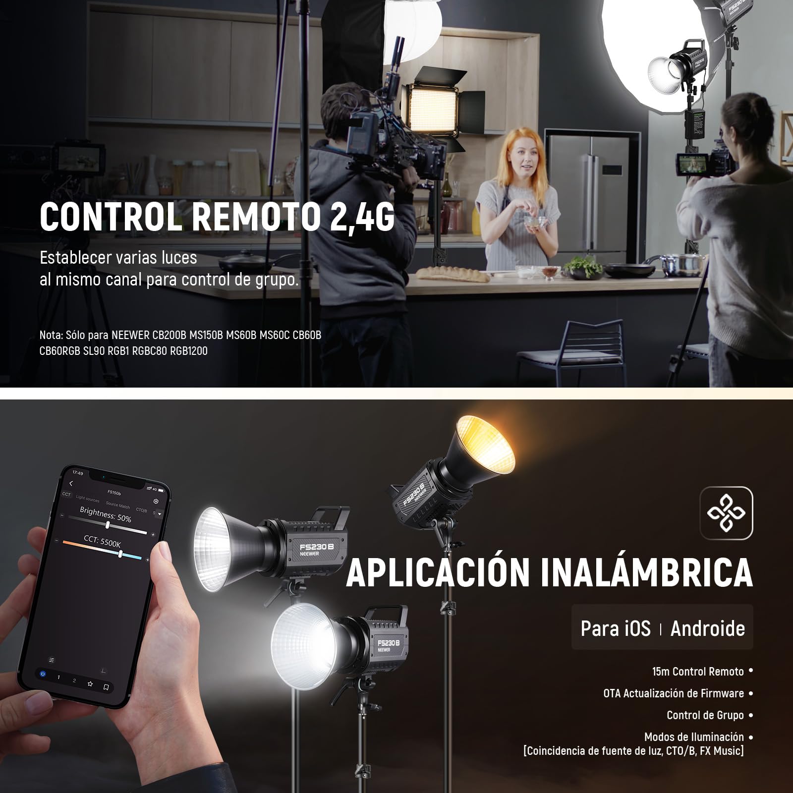 NEEWER FS230B Luz LED de Estudio para Vídeo, 230W COB Bicolor, Iluminación Continua con 2,4G/App Control, 110000Lux/m, 2700K-6500K, CRI 97+, Montura Bowens, Paño de Limpieza para Fotografía y Vídeo