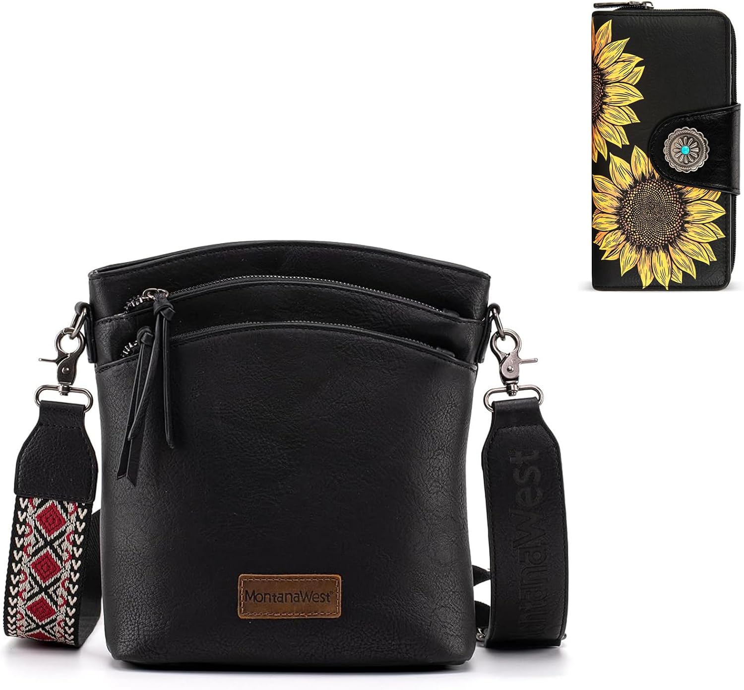 Montana West Black Crossbody Bags and Large Capacity Sunflower Wallets Set for Women