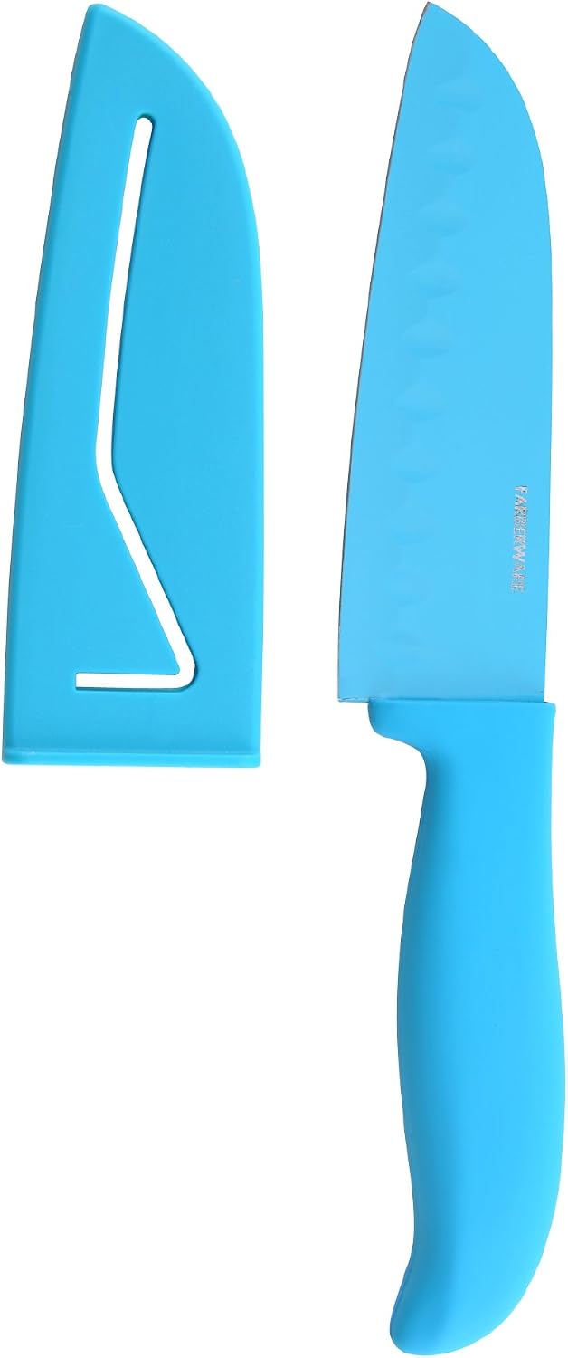 New Deal Farberware 5119324 Non-Stick Resin Santoku Knife with Sheath and Contoured Handle, 5-Inch, Blue -