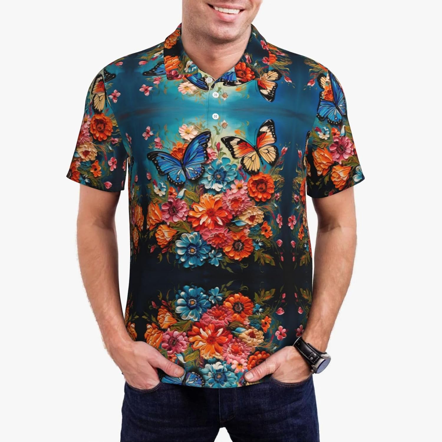 Flowers and Butterfly Print Polo Shirts Short Sleeve,Casual Shirts for Men,Versatile Fashion for All Occasions