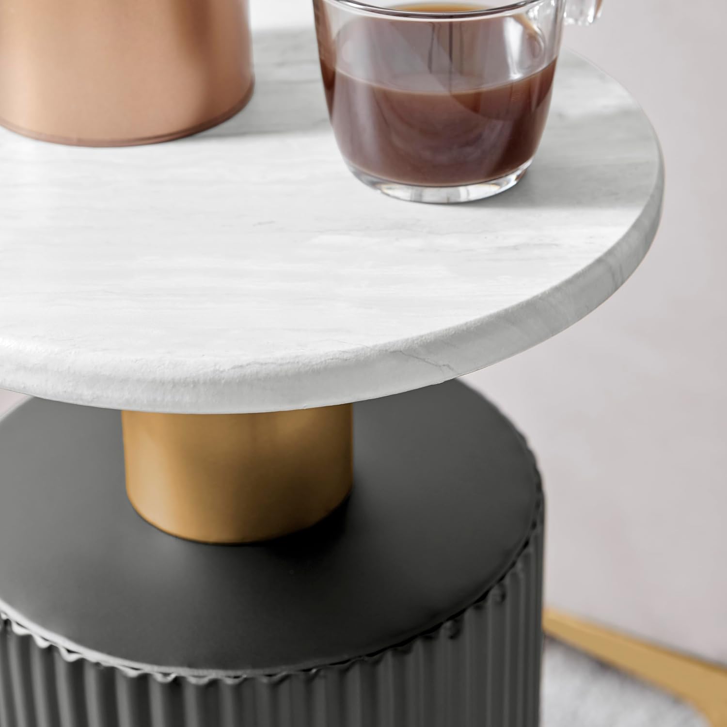 Danya B. Fritz Midcentury Modern Column Side Accent Table with Textured Black Base Gold Metal Column Accents and Faux Marble Laminate Tabletop
