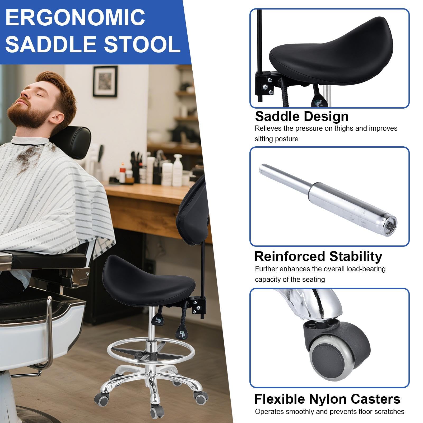 Genérico Taburete con Respaldo y reposapiés, Giratorio hidráulico de Alta Resistencia, Altura Ajustable, Silla para salón, SPA, estética, masajes, clínica dentals y Oficina en casa - Negro
