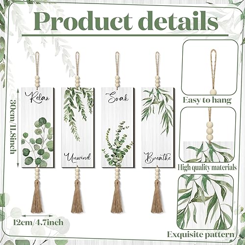 Miniatura 10 de Qunclay Decoración de pared bohemia de 4 piezas para baño, Relax Soak Unwind Breathe - Letrero de baño con cuentas y hojas impresas, arte de pared
