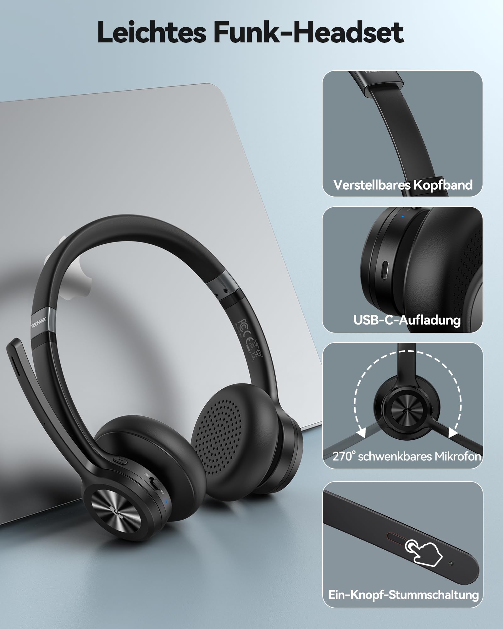 TechRise Bluetooth Headset mit Mikrofon, ENC Noise Cancelling & USB-Dongle