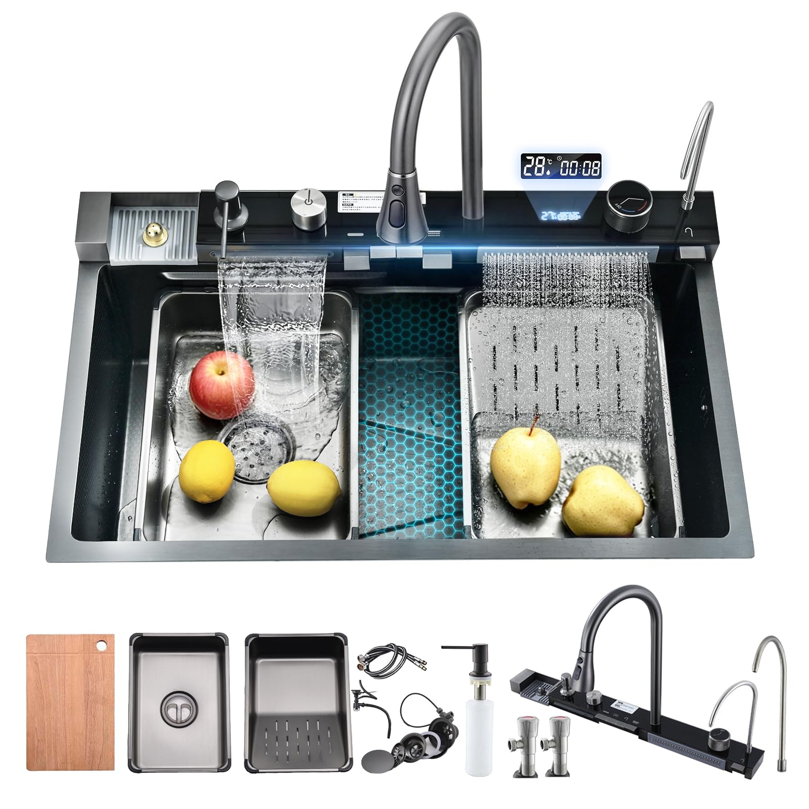 Fregadero Cocina Multifuncional 1 Seno Negro 80x45 cm | Fregadero Cascada en Acero Inoxidable 304, Grifo Extraíble y Grifo Filtrante, Tabla de Cortar y Accesorios Completos