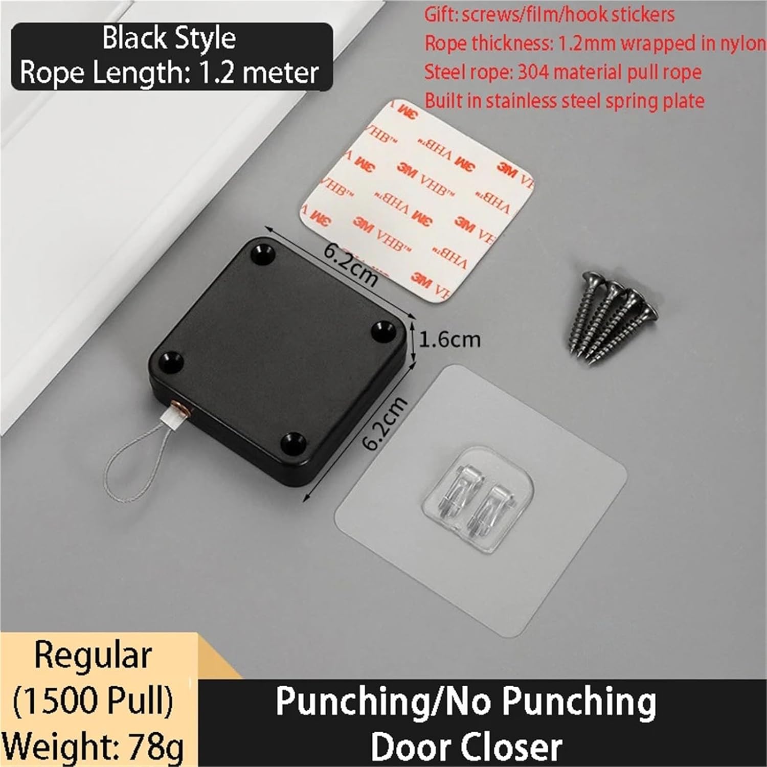 Punch-Free Sensor Door Closer Adjustable Surface Stop Bracket Pull Cord for Residential 1 Generation(J Black 1500g Pull)