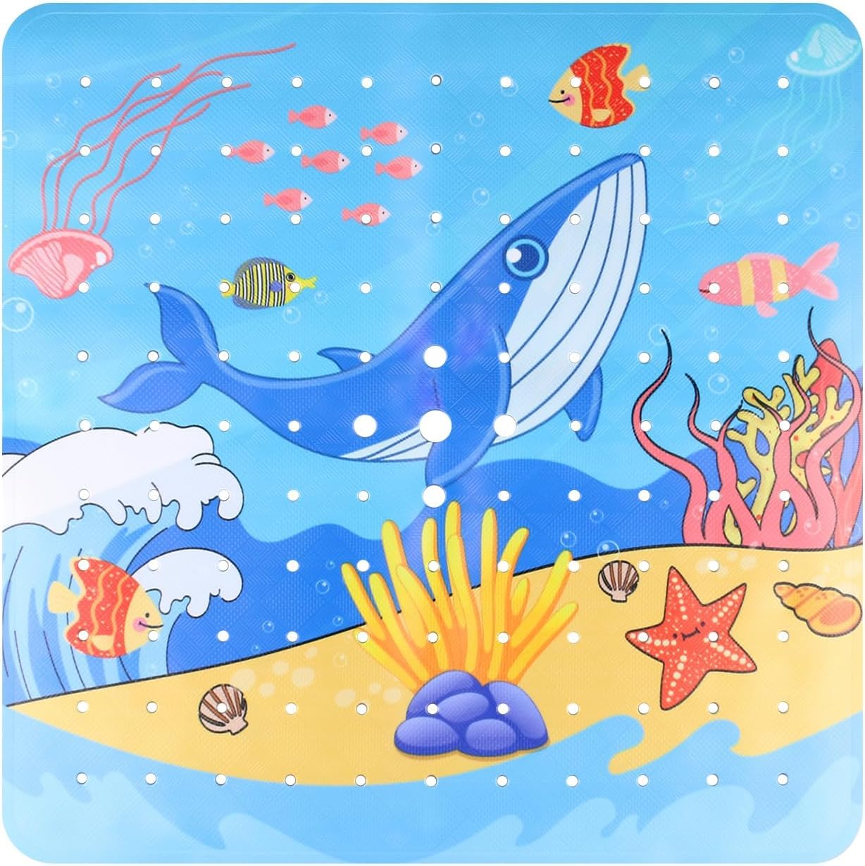 Kwadratowa mata prysznicowa, antypoślizgowa, odporna na pleśń, 53 x 53 cm, antypoślizgowa, z przyssawkami, zawieszkami i otworami odpływowymi (Whale-53 x 53 cm)