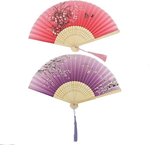 Miniatura 6 de 2 ventiladores de mano, abanicos plegables de seda, marcos de bambú vintage, fanáticos chinos japoneses para bailar, cosplay, boda, fiesta, Flor