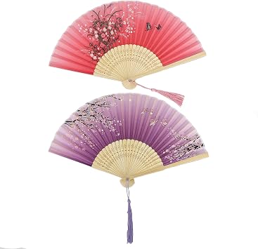 2 Pieces Handheld Fans | Silk Folding Foldable Fans Vintage Bamboo Frames Chinese Japanese Fans for Dancing Cosplay Wedding Party Props Decoration