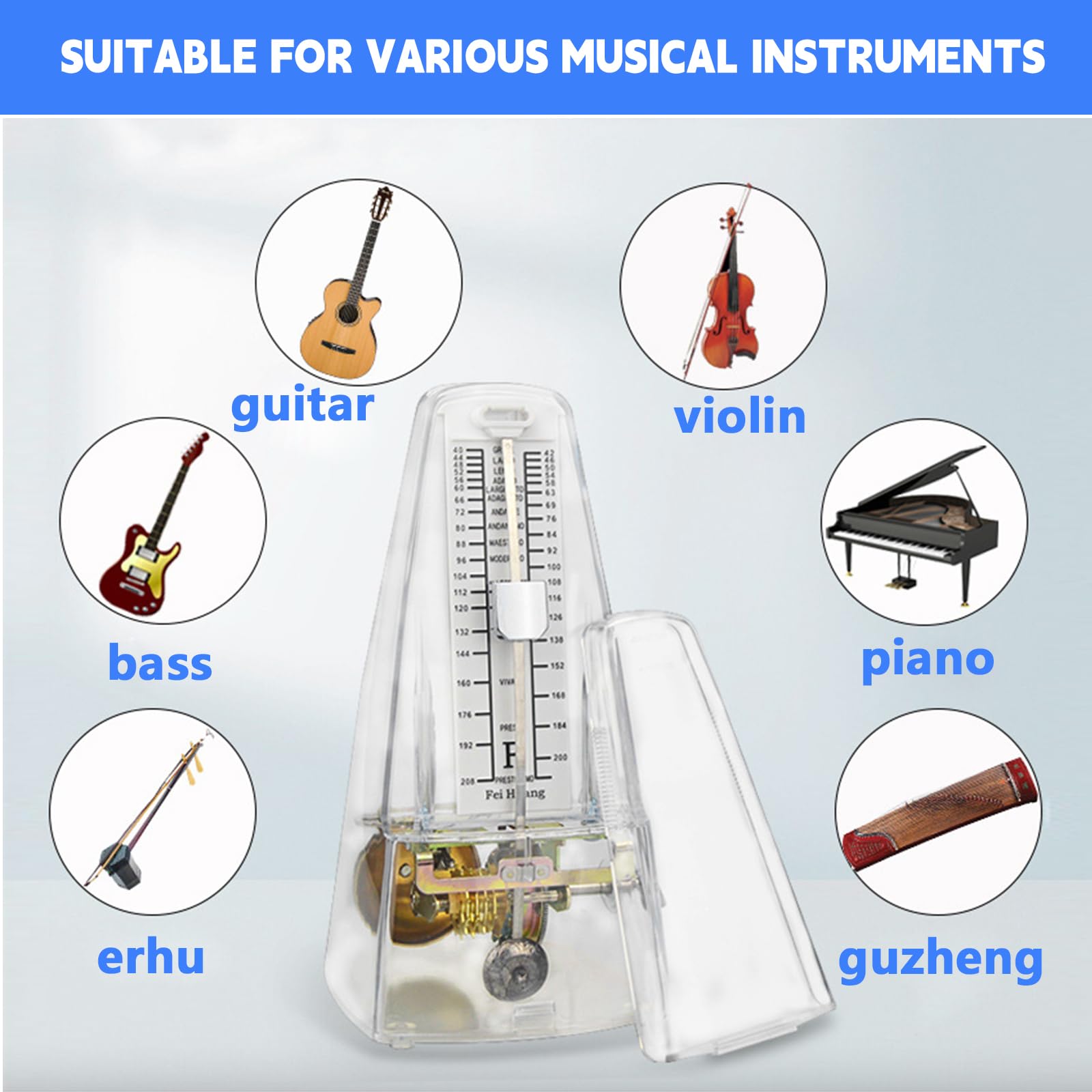 87 × 201 × 110 mm. Metrónomo mecánico: mecanismo de metal metrónomo transparente, máquina rítmica universal para música adecuada para piano, violín, teclado, bajo, guitarra Guzheng tambor Qinge