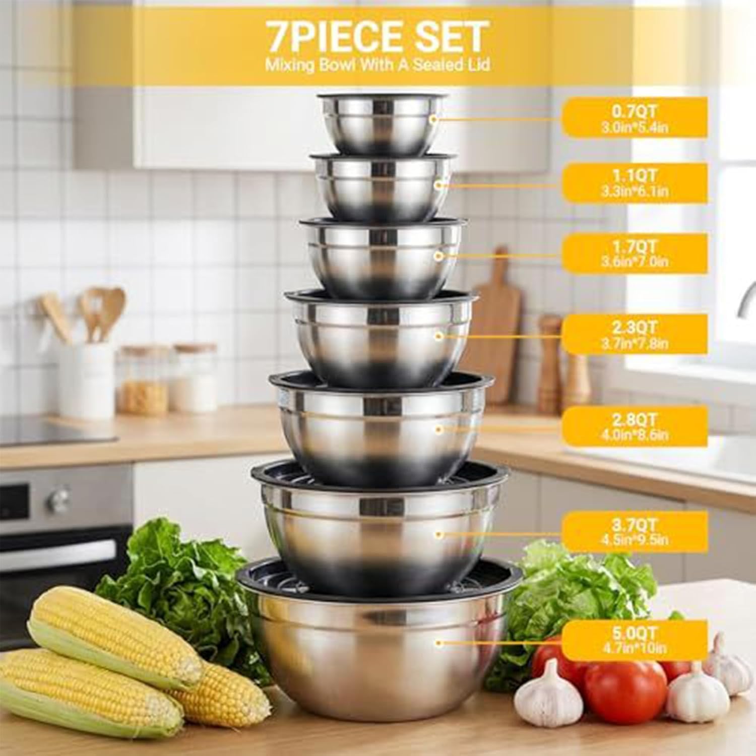 Mixing Bowl With Lid, Airtight Lids Stainless Steel Nesting, Kitchen Food Prep Use, Heavy-Duty Material, Space-Saving Nesting Design, Mixing Bowls For Sauce Grain Snacks Eggs Seasonings