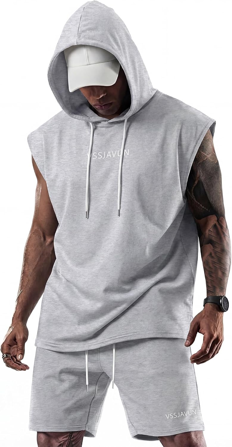 Vssjavun Mens Shorts Sets Hoodie 2 Pieces Sleeveless Workout Hooded Outfits Tracksuit Sweat Suit Sets