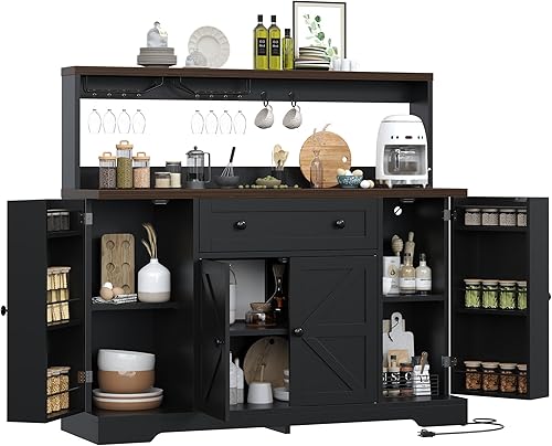 Miniatura 28 de Gabinete Buffet con Almacenamiento Estilo Granja con 4 Puertas y 2 Cajones, Gabinete de Almacenamiento de Cocina Grande de 55'' Madera Azul Barra de