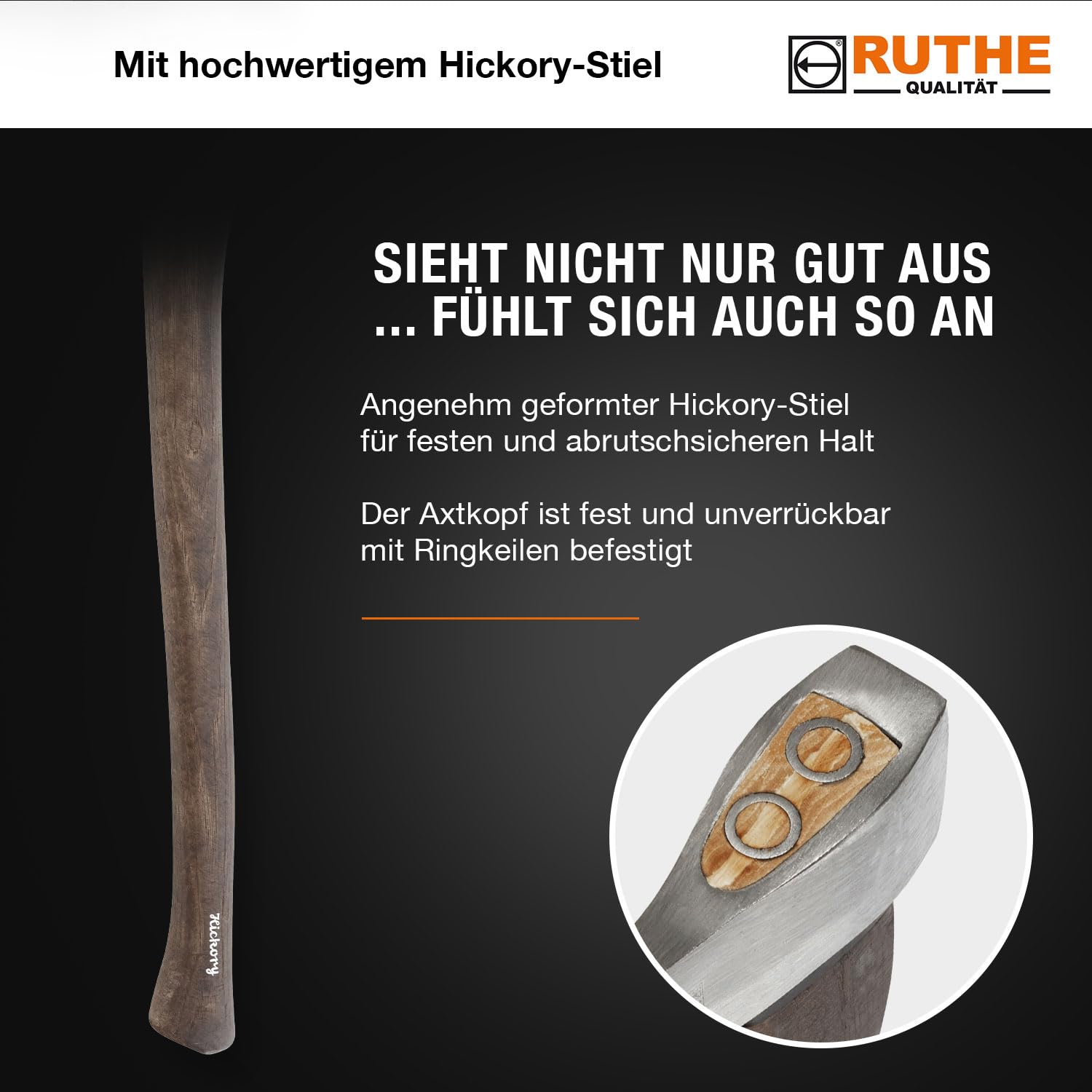 RUTHE Hacha Hickory 1.600 g | Hacha leña Profesional Totalmente forjada y templada | Hachas Bellota con Filo Convexo Pulido | Forjada en una Sola Pieza | Filo Convexo Pulido y Duradero