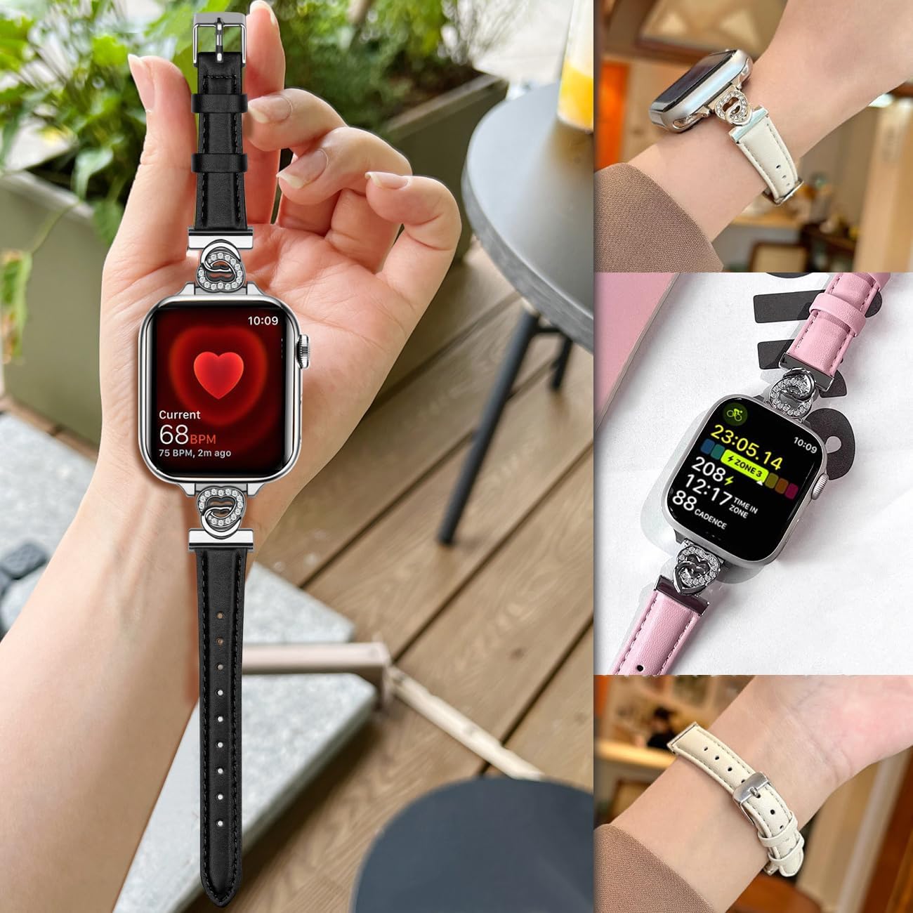 Slim Red Leather Watch Band Compatible with Apple Watch 38mm/40mm/41mm/42mm/44mm/45mm/49mm, for iWatch Series 10/9/8/7/6/5/4/3/2/1 SE/Ultra, Metal Silver Heart-shaped Design Watch Strap Women