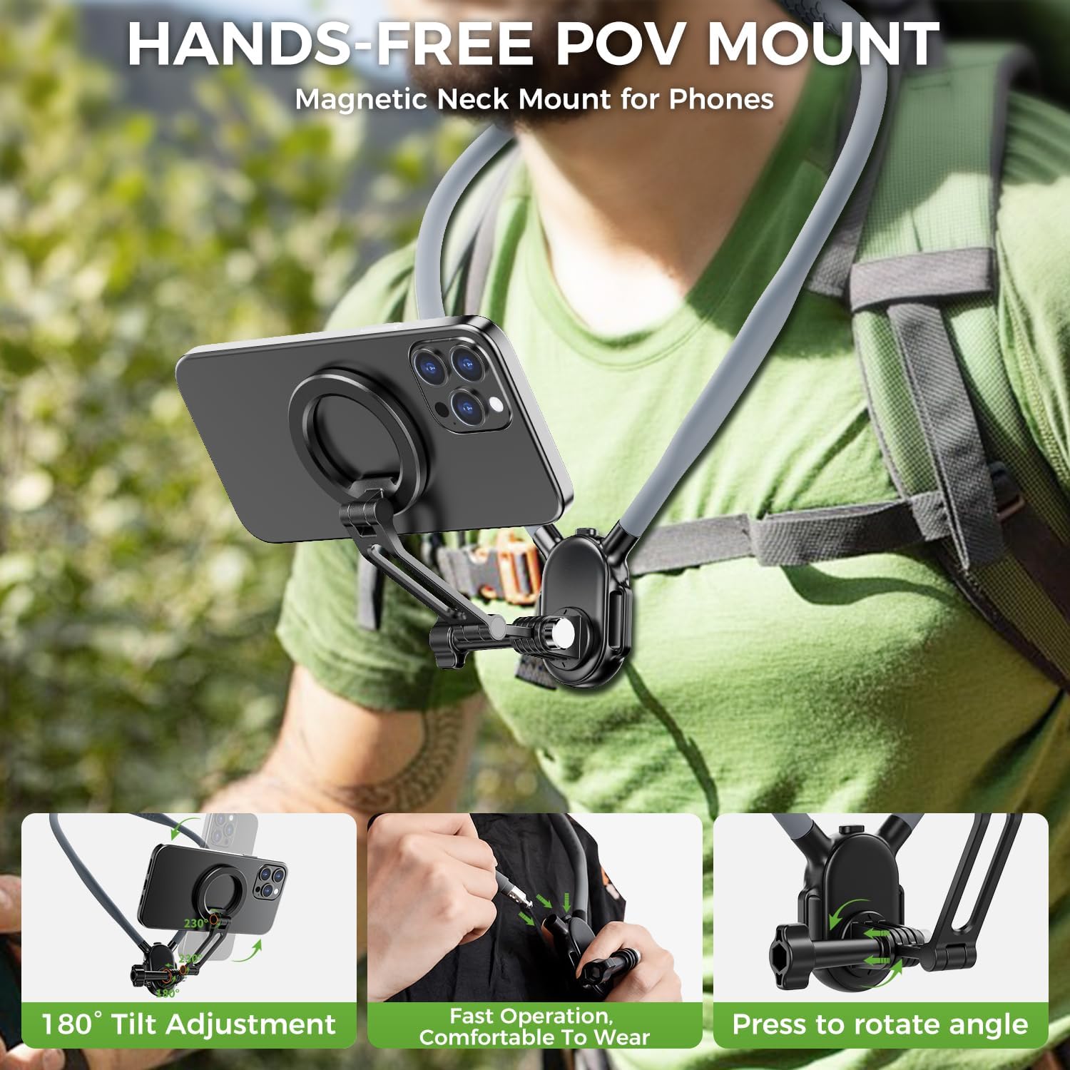 Magnetic Neck Phone Holder, Neck Mount for Cell Phone Hands Free POV/Vlog Selfie Mount with Chest Strap, Chest Phone Holder for Recording/Cooking/Riding, iPhone 17 16 15 14 13 Android GoPro Insta360