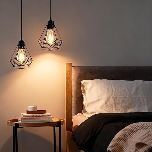 Miniatura 10 de COTTAGE LIFE Lámpara colgante negra de granja, paquete de 2 luces colgantes industriales con jaula de metal, luces colgantes de altura ajustable