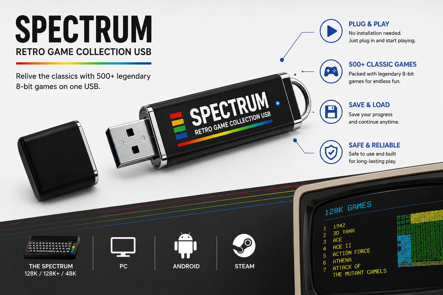 USB Spectrum Game Pack – Des Milliers De Jeux ZX Spectrum Sur Clé USB – Plug & Play – Compatible PC Et Console The Spectrum
