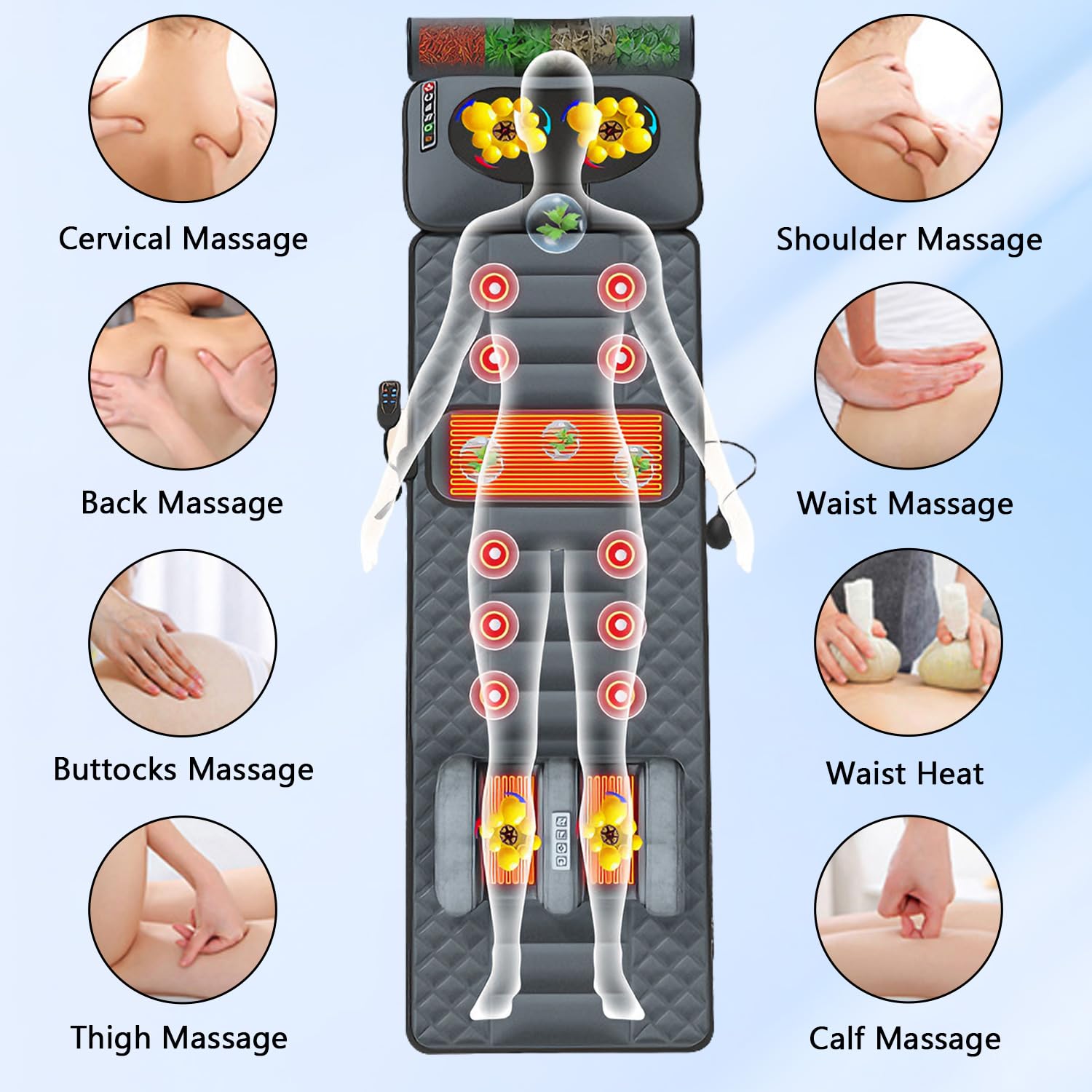 Tapis de massage 5 en 1 pour tout le corps avec fonction chauffante, 12 moteurs de vibration, coussin d'airbag lombaire réglable