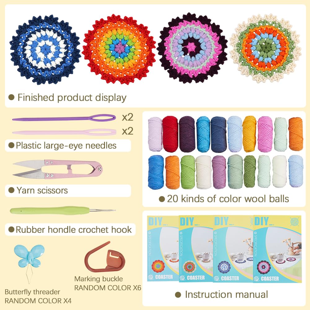 SUNNYCLUE Crochet Coasters Kit Knitting Starter Kit with Step-by-Step Video Tutorials Instructions Easy to Learn Flower Coaster Crochet Yarn for Beginners Adults Women Holiday DIY Craft Gifts