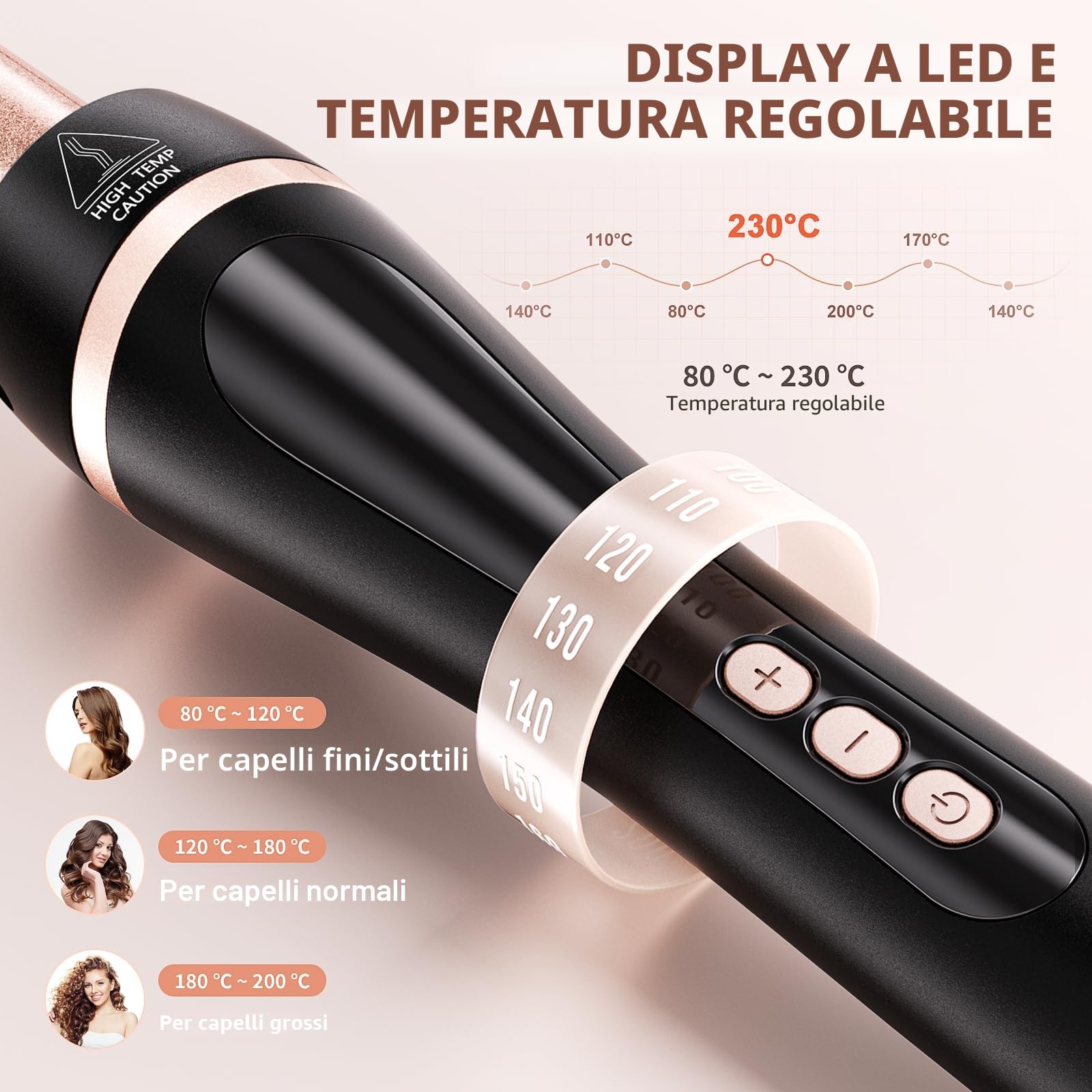 Ferro Arricciacapelli 5 in 1 Set Arricciacapelli Ceramica con Temperatura Regolabile 80°C - 230°C e Display LCD Piastra Onde per Capelli con 9-32mm Ferri di Diverso e Spegnimento Automatico